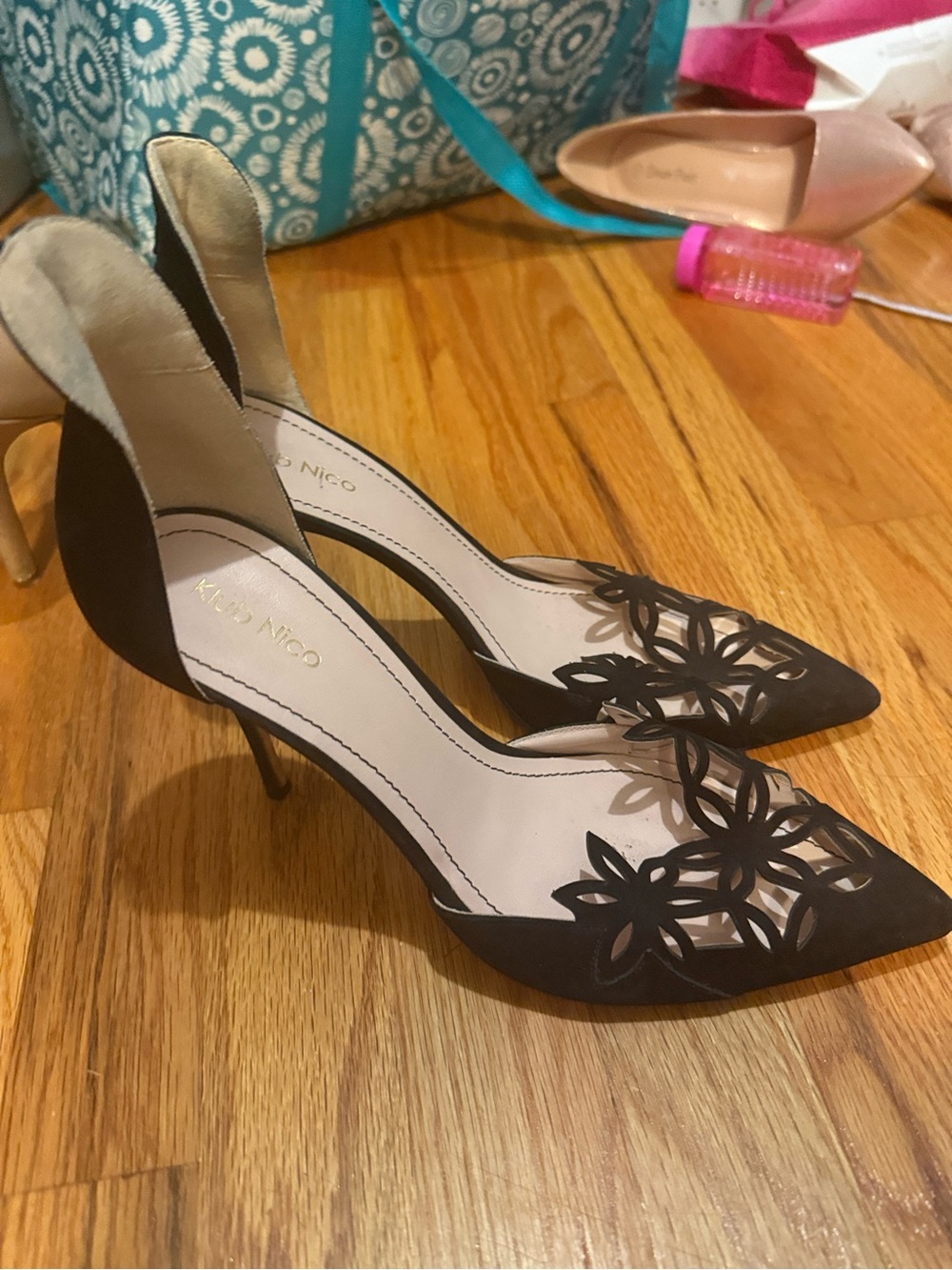 Black floral suede heel